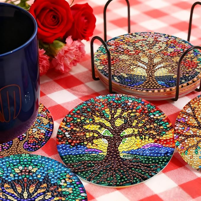 TDOOW Diamond Art Painting Coasters 8 Pcs Colorful Tree Diamond Art Coasters - Image 2