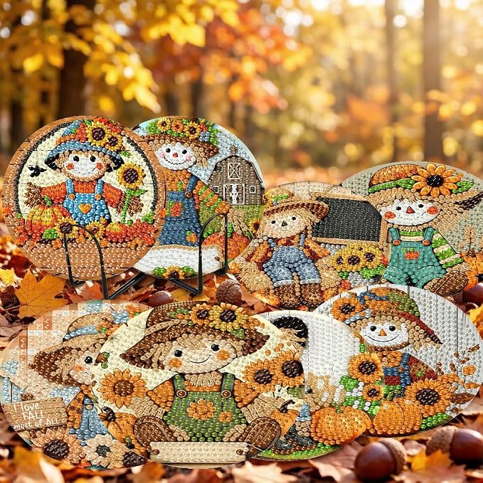 LWZAYS 8 Pcs 5D Autumn Scarecrow Diamond Art Coasters Kits - Image 4