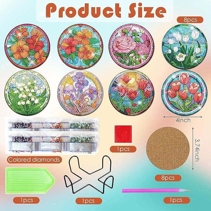 ijbnhd 8 PCS Flowers Diamond Art Coasters | Diamond Painting Coasters Kits - Image 3