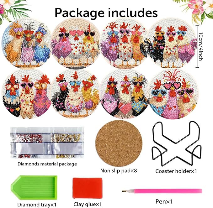 Zythron 8 Pack Diamond Art Coasters, Chicken Diamond Painting Coasters Kits | - Image 2