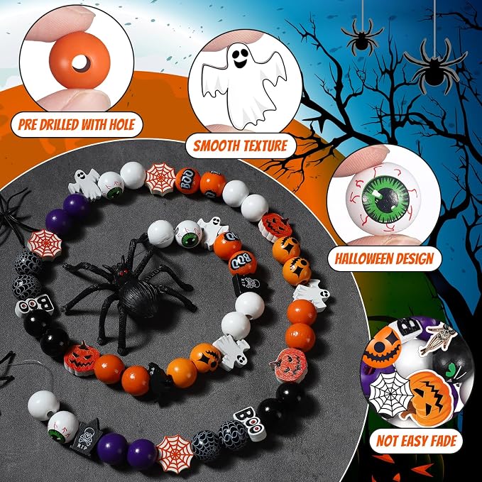 Tradder 200 Pieces Halloween Wood Beads Purple Orange Pumpkin Spider Black Cat - Image 5