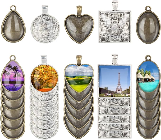60 Pieces 5 Styles Pendant Trays 30pcs Round & Square & Heart & Teardrop & Oval by HOMEIDOL