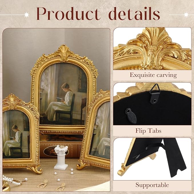 Wonderjune 3 Pcs Vintage Picture Frames Antique Set Baroque Ornate Gold Arched - Image 3