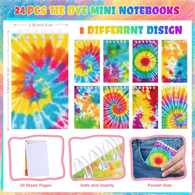Pajean 48 Pcs Mini Tie Dye Notepads Multicolor 4-in-1 Rainbow Pencils Spiral - Image 3