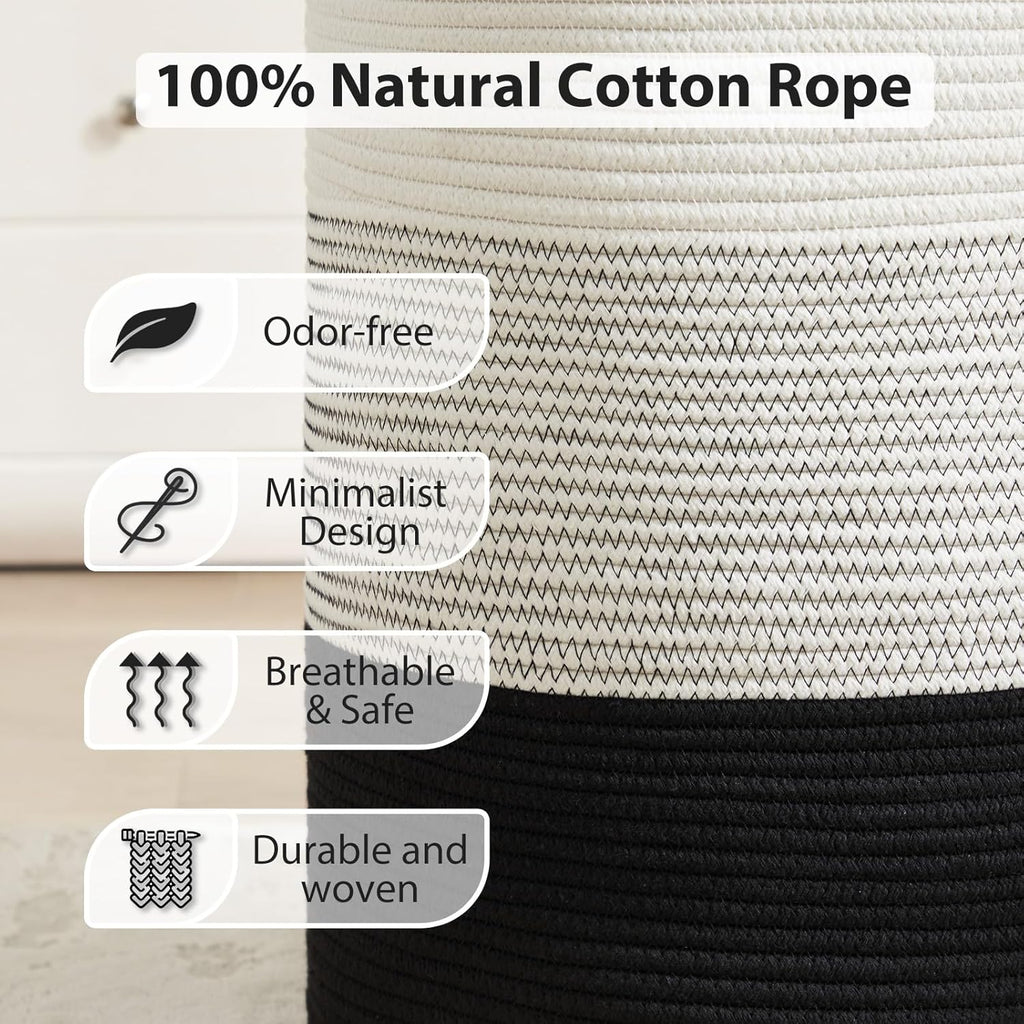 Fiona's magic Cotton Rope Laundry Hamper, Tall Woven Laundry Basket Storage, Baby Nursery Hamper for Blankets, Toys and Clothes Hamper for Bedroom and Living Room Organizing, 72L, Black & White