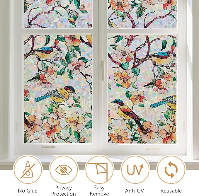 Kromapolis Window Privacy Film, Stained Glass Sticker Floral Window Clings - Image 3