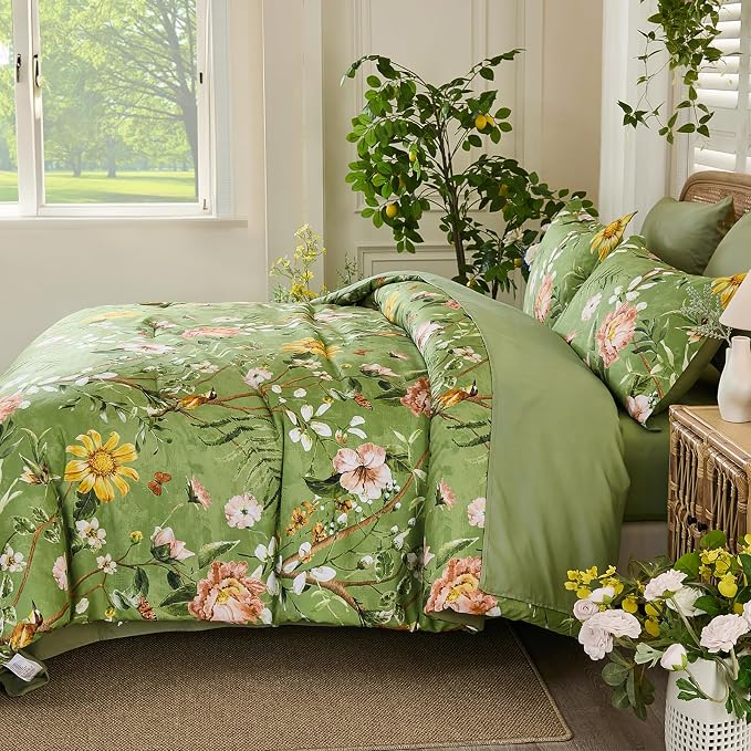 Yiran Sage Green Hibiscus Floral Comforter Set Queen Size, 7 Piece Bird Flowers - Image 6