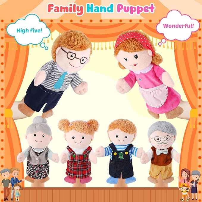 6 Pcs Family Hand Puppets 12 Inch Grandparents, Mom & Dad, Brother & Sister - Image 3