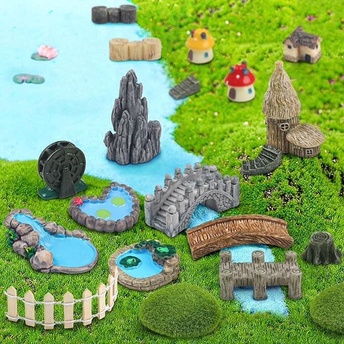 QUOZUO 21 Pcs Fairy Garden Miniatures Accessories Bridge House Landscape Water - Image 3
