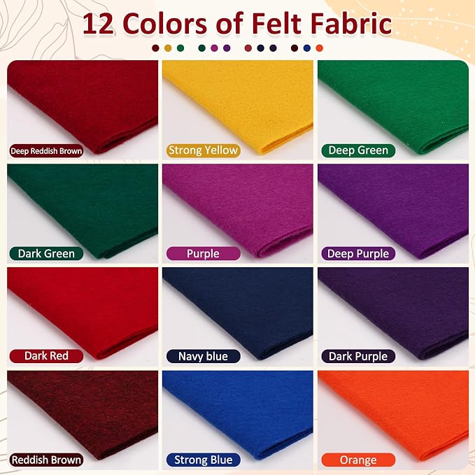 XSEINO 12 Rolls 8"x35" 1.4mm Thick Soft Felt Fabric Sheet 12 Assorted Dark - Image 2