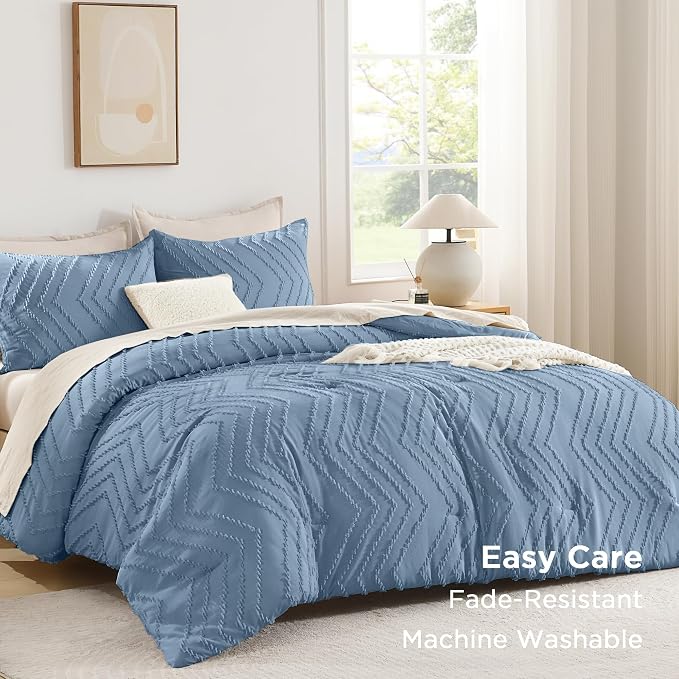 Andency Greyish Blue Comforter Set Queen Size, Boho Soft Warm Tufted Bedding - Image 3