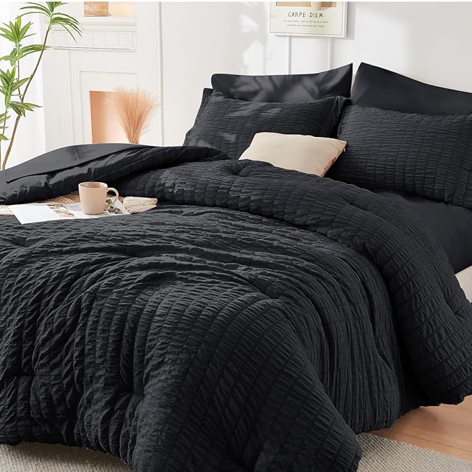 HYMOKEGE Black Queen Comforter Set Seersucker 7 Pieces, All Season Luxury Bed by HYMOKEGE