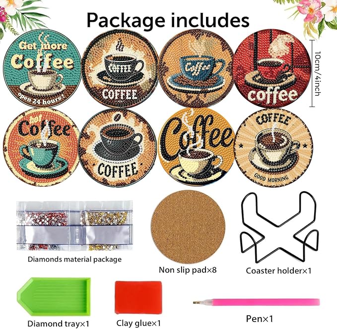 8 Pack Diamond Art Coasters, Coffee Retro Diamond Painting Coasters Kits | - Image 2