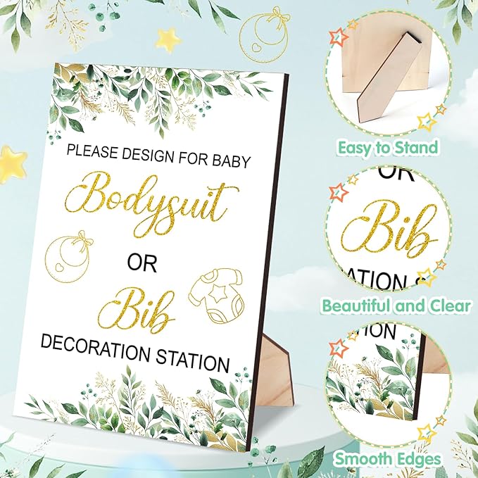 151 Pcs Baby Shower Game Decorations Kit with Bibs, Bodysuits, Wooden Sign & Fabric Markers (GreenGolden)