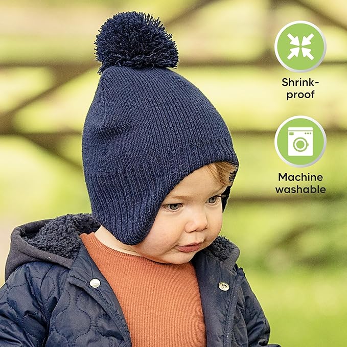 Baby Beanies, Baby Hats for Boys, Girls - Cute Toddler Winter Hat, Soft & Stretchy Beanies for Infant, Newborn 6-36 months, Cozy & Warm with Earflap Muff & Pom (Cream)