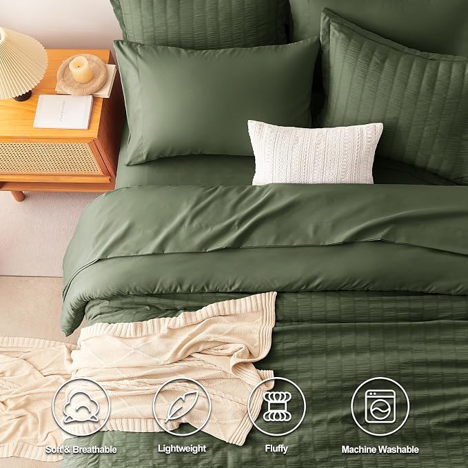 CozyLux Oversized Queen Comforter Set Olive Green Seersucker 7 Pieces 98x98 Bed - Image 2