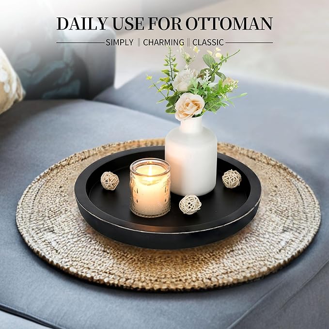 Hanobe Wooden Tray for Coffee Table: Candle Holder Plate Black Round Decorative - Image 2