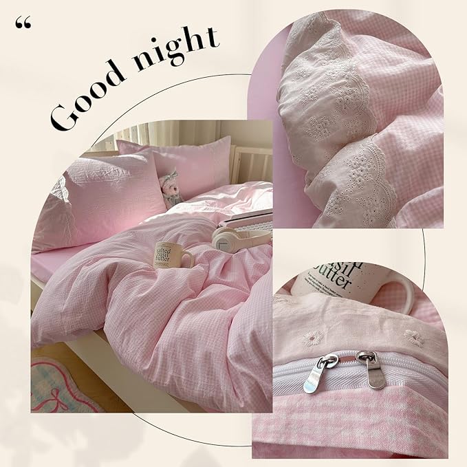 mixinni Pink Gingham Duvet Cover Twin Size - Image 6
