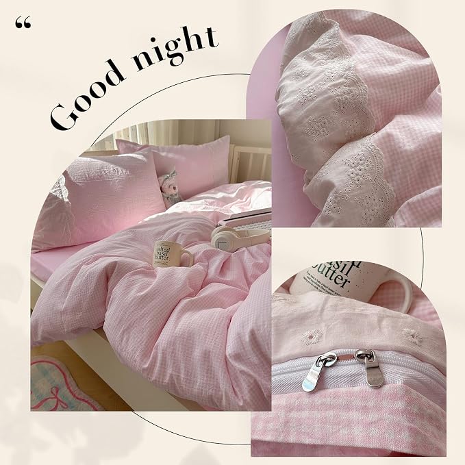 mixinni Pink Gingham Duvet Cover King Size - Image 6