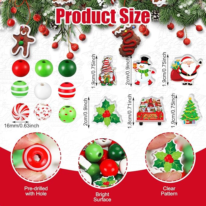 FairySandy 240 Pcs Christmas Wooden Beads Craft 0.63 Inches Hanging Red Green - Image 2