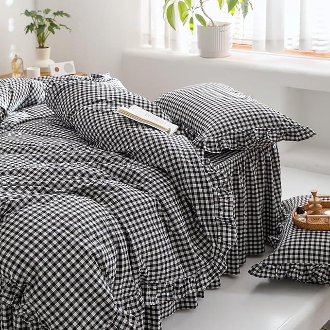 MKXI Black and White Gingham Duvet Cover Queen, 3-Piece Ruffled Bedding Set - Image 4