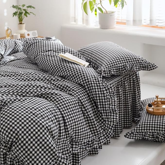 mixinni Black White Gingham Ruffle Duvet Cover Full Size 3 Pieces – 100% Washed - Image 4