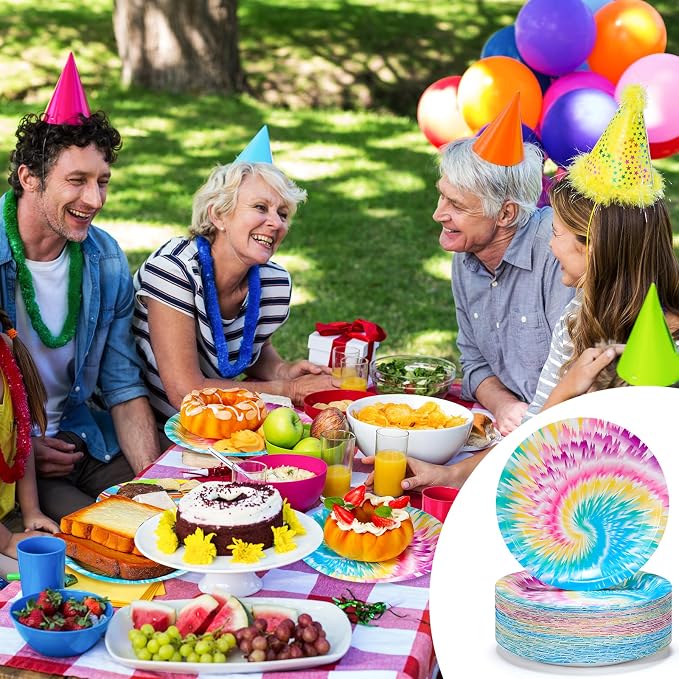 Domensi 100 Pack Tie Dye Paper Plates 7 Inch Rainbow Disposable Dessert Plates - Image 6