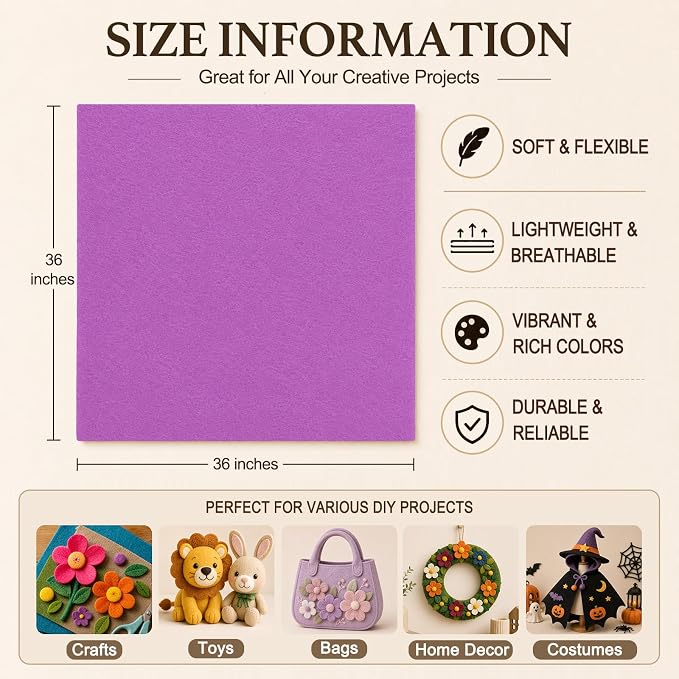 Lilac Large Felt Fabric 36" x 36", 1.4 mm Soft Felt Sheet, Nonwoven Fabric - Image 3