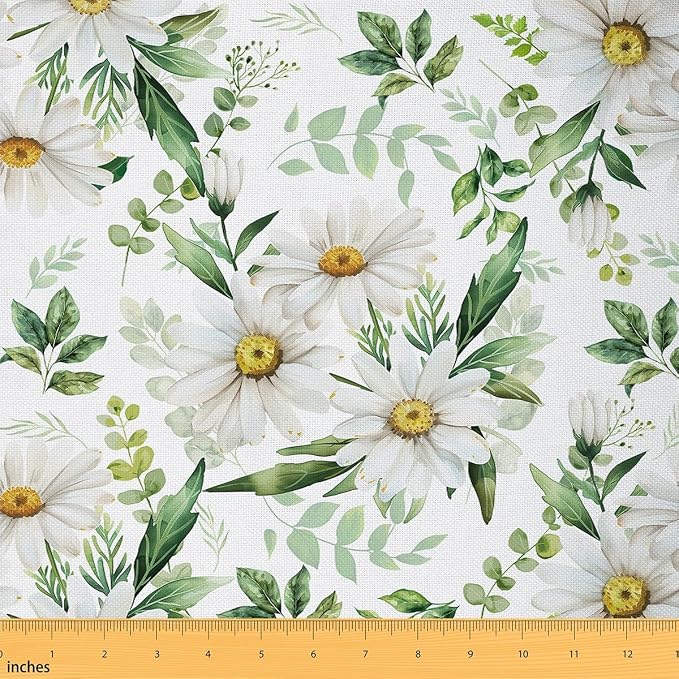 Boho Daisy Fabric by The Yard, Watercolor White Floral Soft Flannel Polyester by CastleFairy