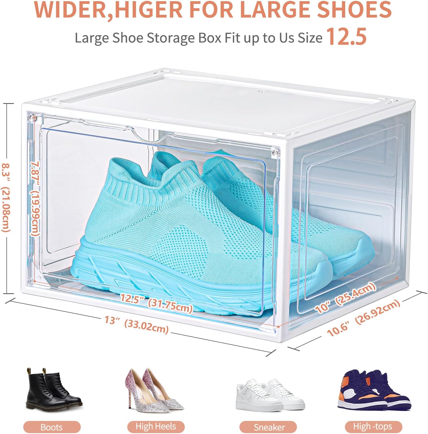 12 Pack White Shoe Boxes Stackable,Large Shoe Storage Organizer with Magnetic Door,Drop Side Shoe Containers for Entryway,Sneaker Storage Fit up to US Size 12 for Men/Women(13’’x10.62”x8.26”
