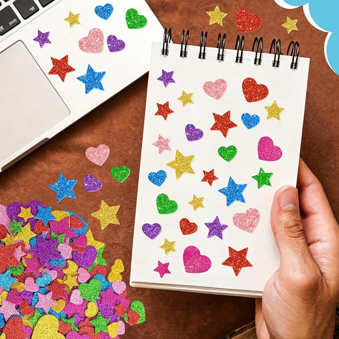 987 Pcs Glitter Foam Stickers, Heart & Star Shapes Stickers, 7 Sheets Colorful - Image 8