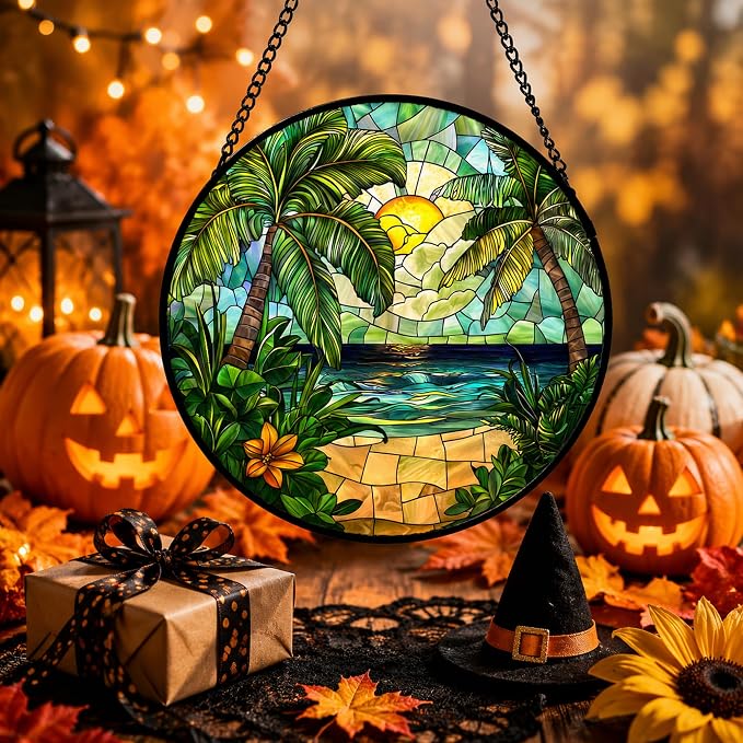 Sunset Beach Acrylic Suncatcher Faux Stained Glass Window Hanging 6.3" | - Image 3
