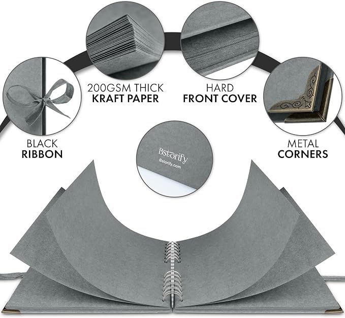 Bstorify Square Scrapbook Photo Albums 60 Pages Grey Thick Paper, Metal Corners - Image 2