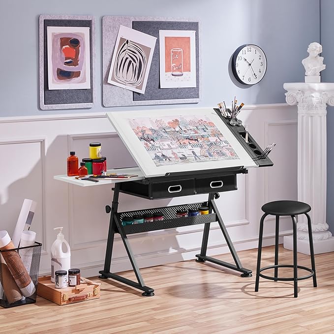Yaheetech Adjustable Drafting Table Art Desk, Storage Drawers & Stool - Image 5