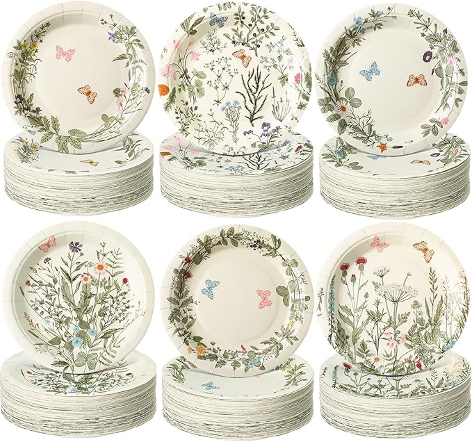 Funnymoom 60 Pcs 7 Inch Vintage Wildflower Paper Plates Retro Flower Plant Herb by Funnymoom