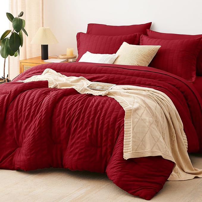 CozyLux Queen Comforter Set Dark Red Seersucker 7 Pieces Bed in a Bag Queen by CozyLux
