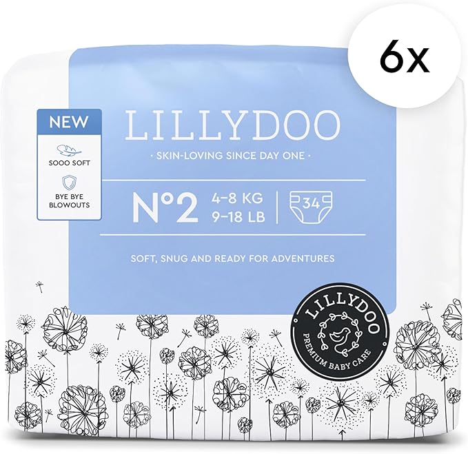 LILLYDOO Baby Diapers - Size 2 (9-18 lbs), Monthly Supply (204 Count), Leak Protection, Skin-Friendly, Ultrasoft, Perfume- & Chlorine-Free, Hypoallergenic, Dermatologist Tested, Oeko-TEX®
