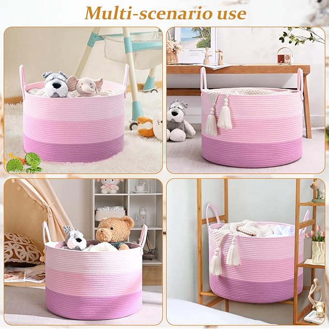 67L Rainbow Storage Basket for Organizing, 20"×13" Large Tall Laundry Baskets, Cotton Rope Woven Blanket Basket, Toy Storage for Kids, Collapsible Laundry Hamper for Living Room, Nursery Room