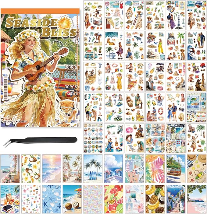 Summer Beach Scrapbook Sticker Book, 500+ Vintage Travel Stickers by Ahmagen