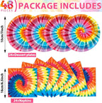 48Pcs Tie Dye Paper Plates and Napkins Rainbow Tie Party Decorations Dye - Image 2