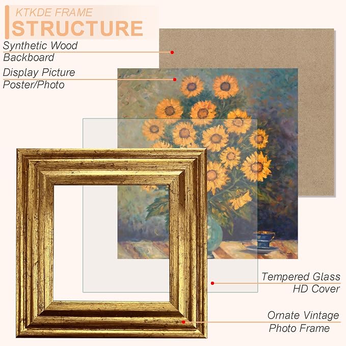 KTKDE 5x5 Picture Frame Set of 4, Ornate Vintage Gold Photo Frames - Image 2