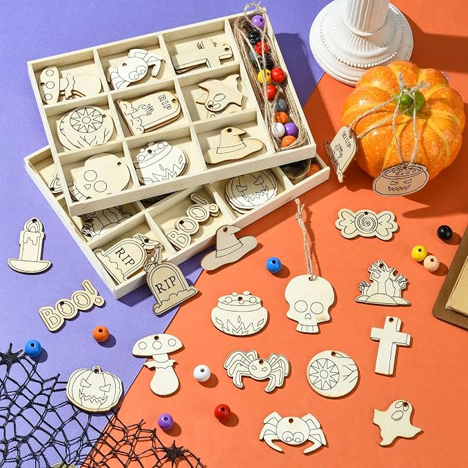 54 pcs Mixed Styles Halloween Theme Unfinished Wood Cutout Charms Cross Spider - Image 6