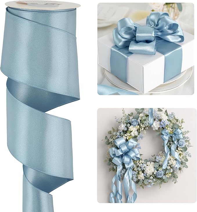 HUIHUANG Dusty Blue Satin Wired Ribbon 2.5 inch Blue Double-Faced Satin Wired by HUIHUANG