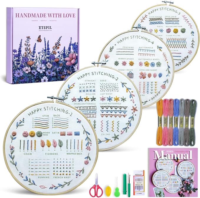 ETSPIL Beginner Embroidery Kit, 4K Video, 4 Floral Patterns, Gift Box | 4 by ETSPIL