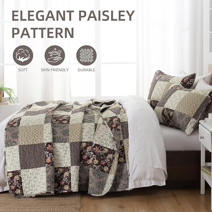 Xruibed Floral Plaid Patchwork Fall Quilt Set King Size 3 Pieces Taupe Beige - Image 4
