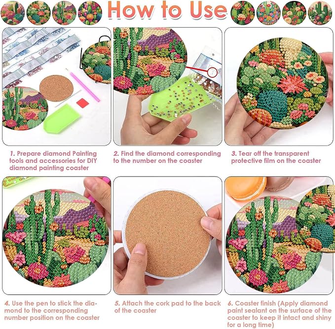 ijbnhd 8 Pcs Cactus Diamond Art Coasters Kit Diamond Painting Coasters | Cactus - Image 7