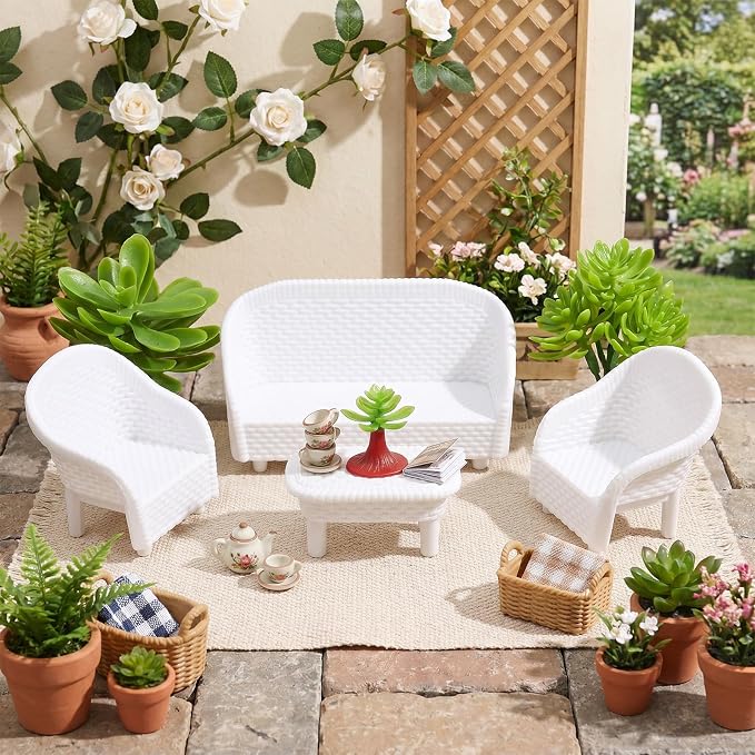 8 Pcs Wicker Tea Table Chair Plant Set, Miniature Dollhouse Furniture Decor - Image 4