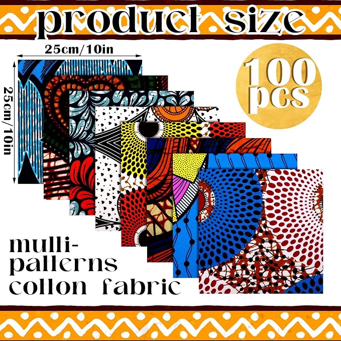 Tudomro 100 Pcs 10'' x 10'' Cotton African Quilting Fabric Squares Fat Quarters - Image 2