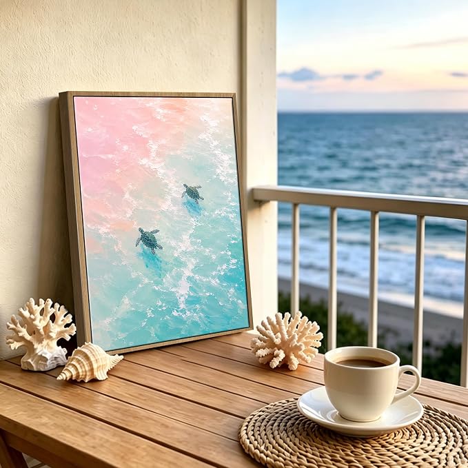 Framed Pastel Sea Turtle Canvas Wall Art Dreamy Pink Turquoise Ocean Turtle - Image 2