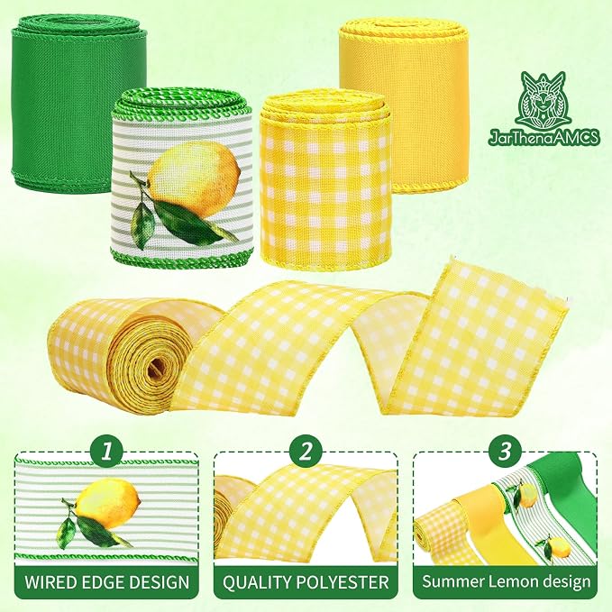 JarThenaAMCS Lemon Wired Edge Ribbon Yellow Green Stripe Plaid Craft Ribbons - Image 3